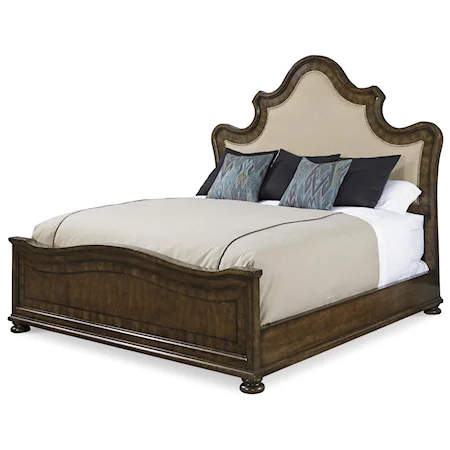 King Upholstered Panel Bed with Inlaid Veneer Border